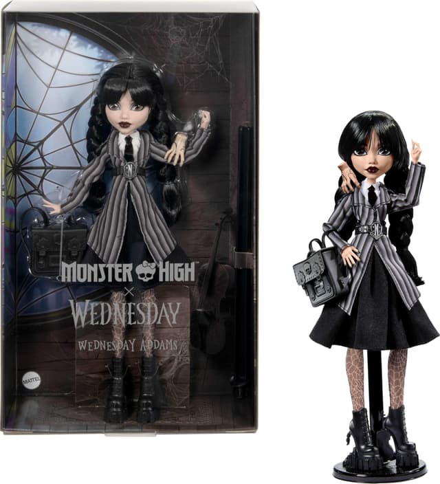 Monster High Wednesday Puppe und Accessoires, Wednesday Addams Sammelfigur in Nevermore Academy Uniform mit Eiskaltem Händchen und Rucksack, Puppenständer, HXJ04 [Mehrfarbig]