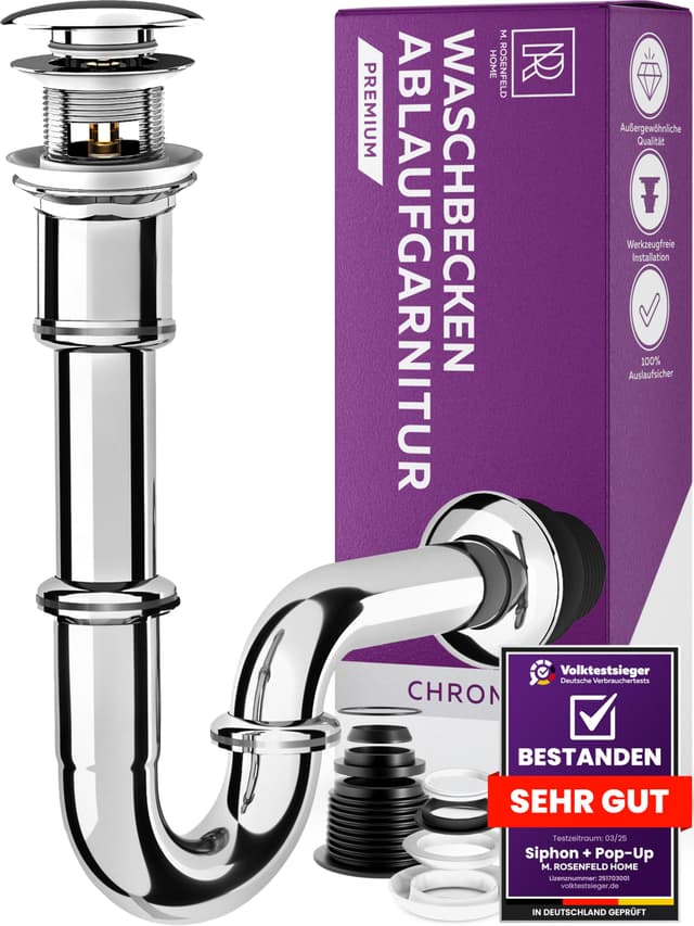 M. ROSENFELD HOME Ablaufgarnitur Waschbecken POP UP mit Überlauf + Universal Röhrensiphon für Waschbecken, Waschtisch Geruchsverschluss aus Messing Chrom Pop-up + Röhren Siphon