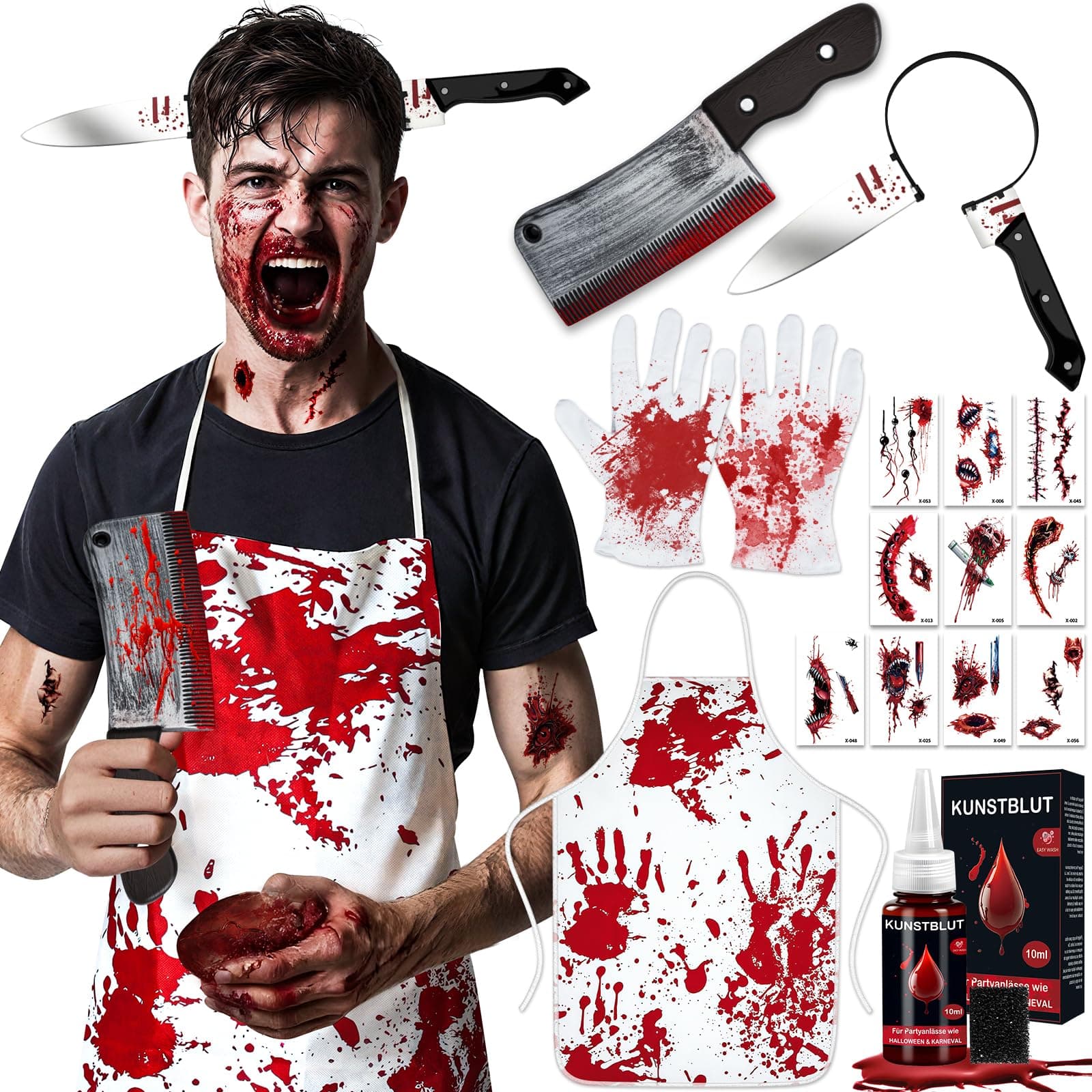 SYNERIX Halloween Kostüm Damen Herren Gruselig - Metzger Kostüme Halloween Männer Costume Erwachsene Horror mit 10ml Kunstblut, Messer mit Blut, Haarreif Messer, Handschuhe und 10 Halloween Tattoos Angebot bei HelloDeals