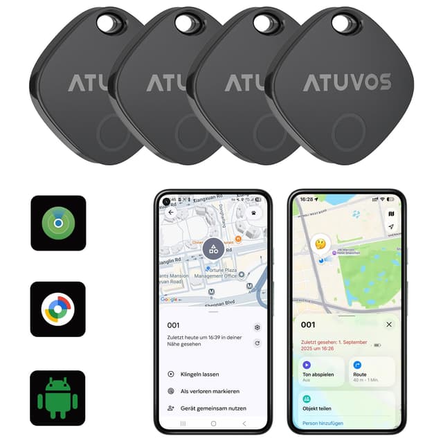 ATUVOS Dual-System Air Tag Pro 4er Pack, Smart Schlüsselfinder Tracker kompatibel mit Android Google Mein Gerät finden or iOS Apple Wo ist? App (Huawei nicht unterstützt), Key Finder für Gepäck,Koffer Air Tag Pro/ Schwarz 4 Pack