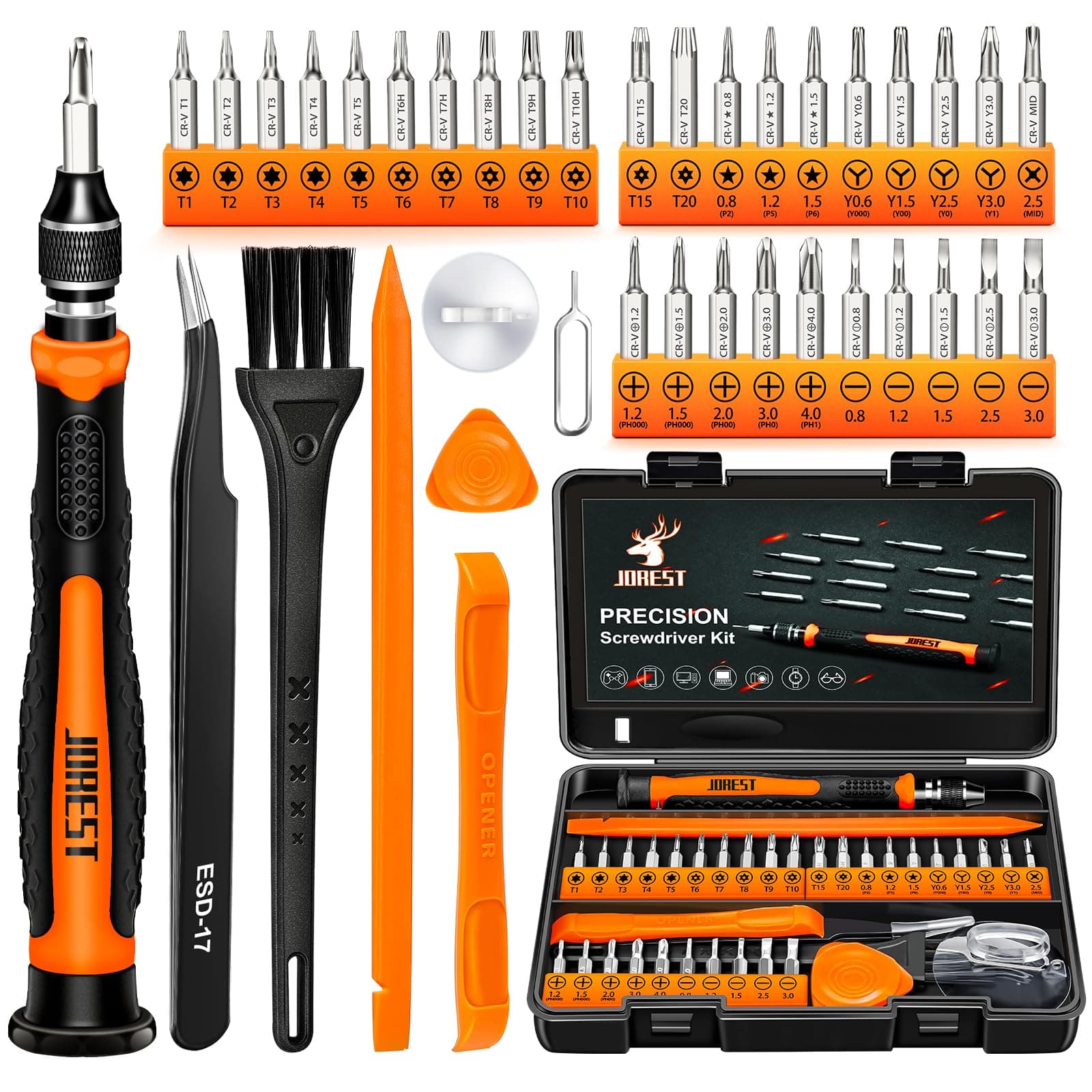 JOREST 38Pcs Feinmechaniker Schraubendreher Set, Mini Werkzeug Kit mit Torx T1 T2 T3 T4 T5, TR6 T7 T8 T9 T10 T15, Triwing Y00, Stern P2 P5, -1.0/2.0, usw, für Switch, PS4, Laptop, Xbox, Brillen, Uhren 38 in 1 CRV