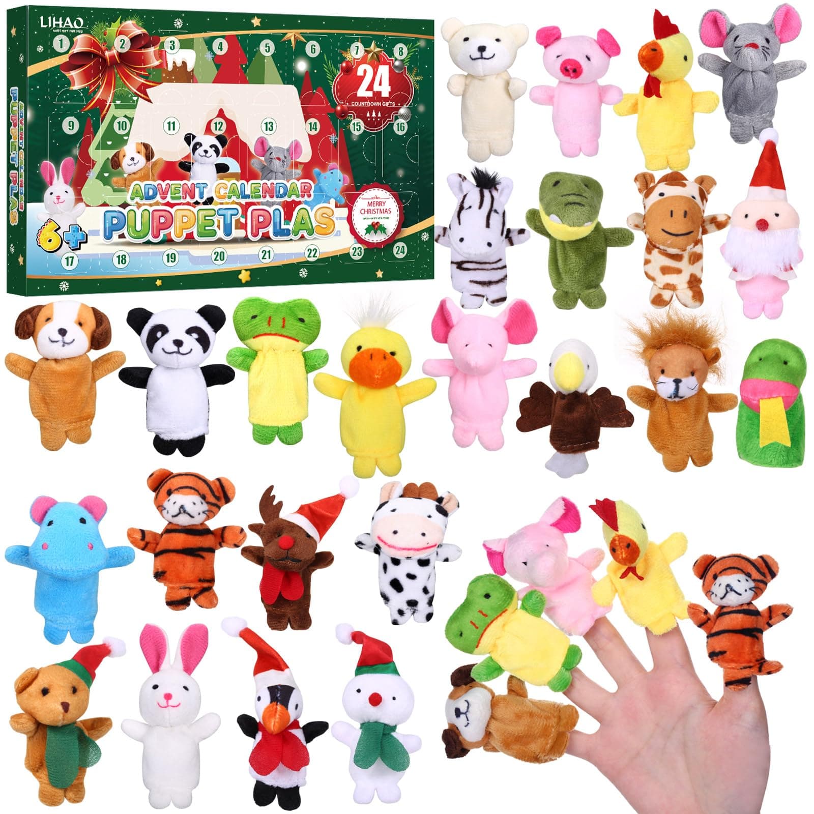 LIHAO Adventskalender 2025 Kinder mit 24 Tier Fingerpuppen Weihnachtskalender Fingerspiele Weihnachten Geschenken für Kinder Baby Mädchen JungenF