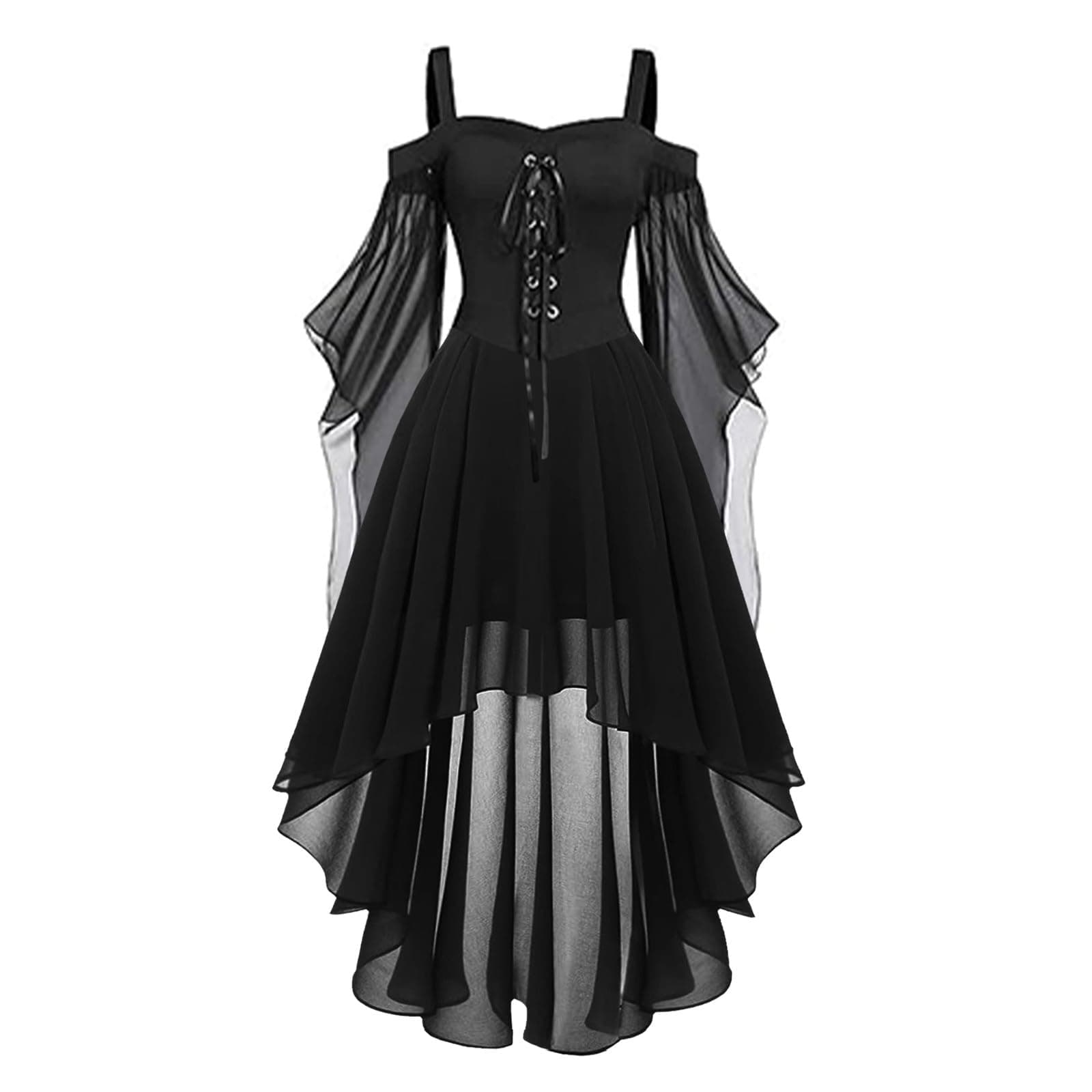 Halloween Kostüm Damen Gothic Kleid Kurz｜Mittelalter Gebundene Taille Hexenkostüm｜Vampir Renaissance Trompetenärmel Korsett｜Erwachsene Karneval Steampunk Barock｜Schwarz Plus Size​ A01 Schwarz M