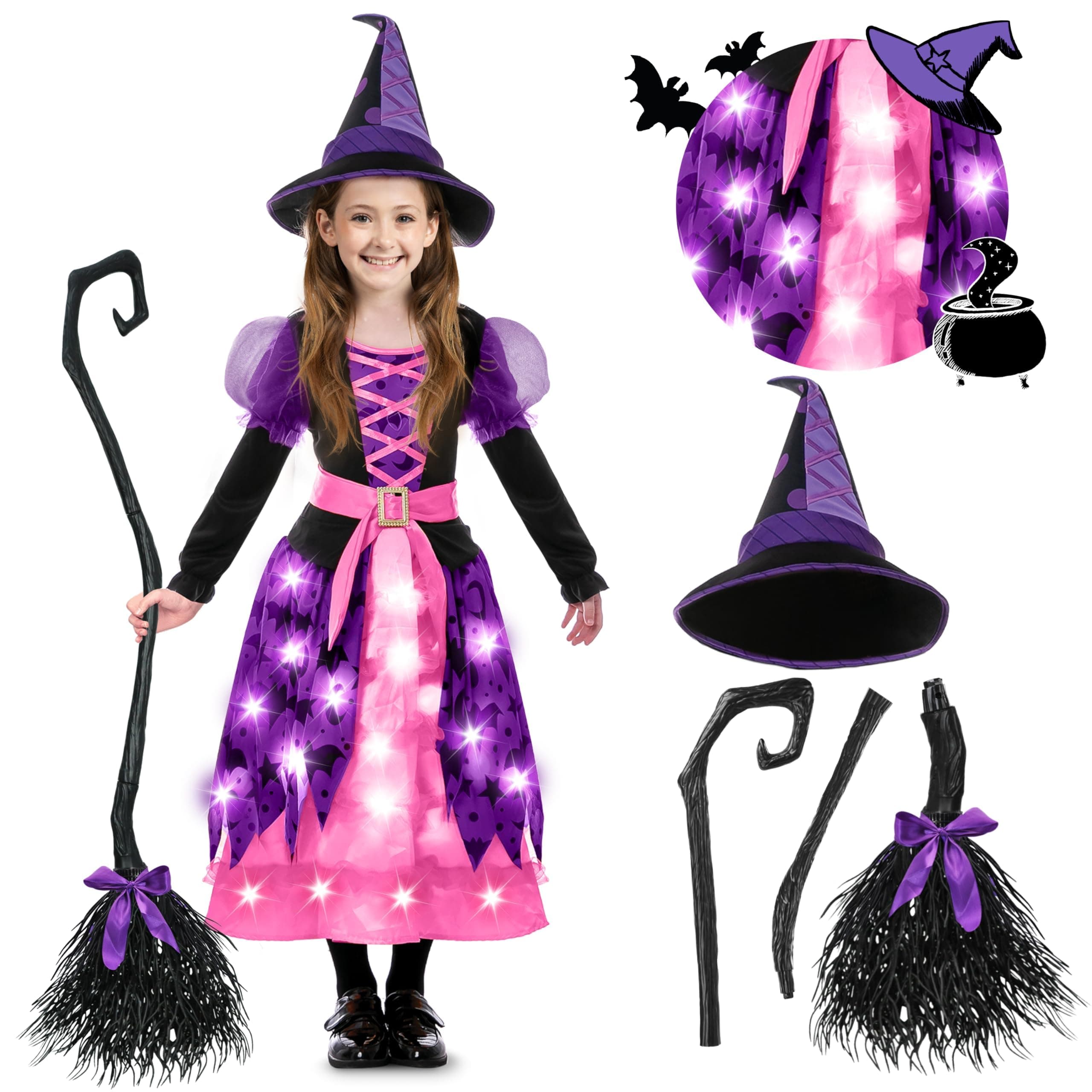 Spooktacular Creations Hexenkostüm für Mädchen, rosa Druck Hexerkostüm, Light-up Hexen Halloween Kostüm Kleid UP Rosa Small (5-7 yrs)