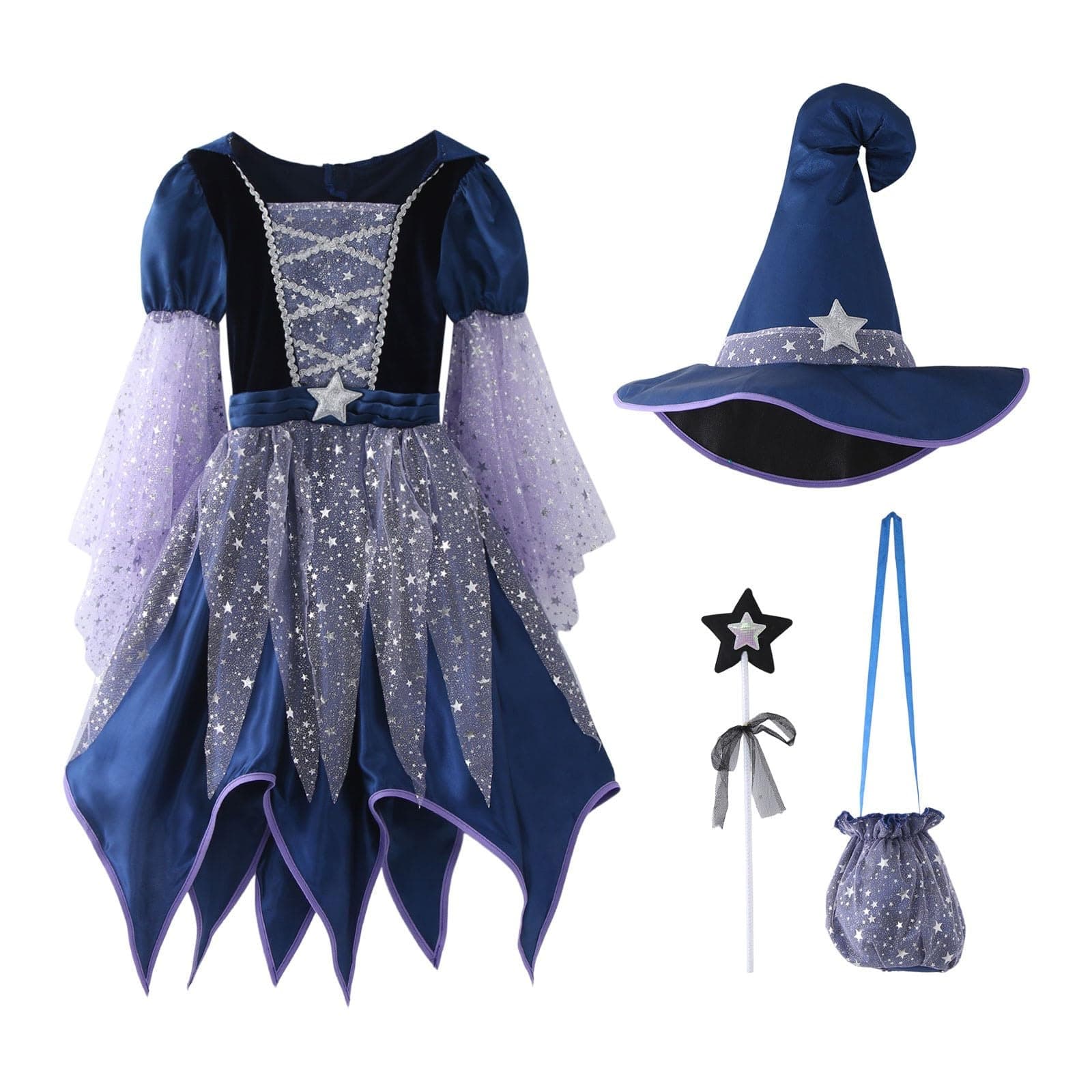 Halloween Kostüm Mädchen Hexenkostüm Mädchen Set 4-Teilig：Hexenhut Tasche Kleid Mit Zauberstab Cosplay Elegant Witch Costume Für Party Dress 011 Blue 5-6 Jahre