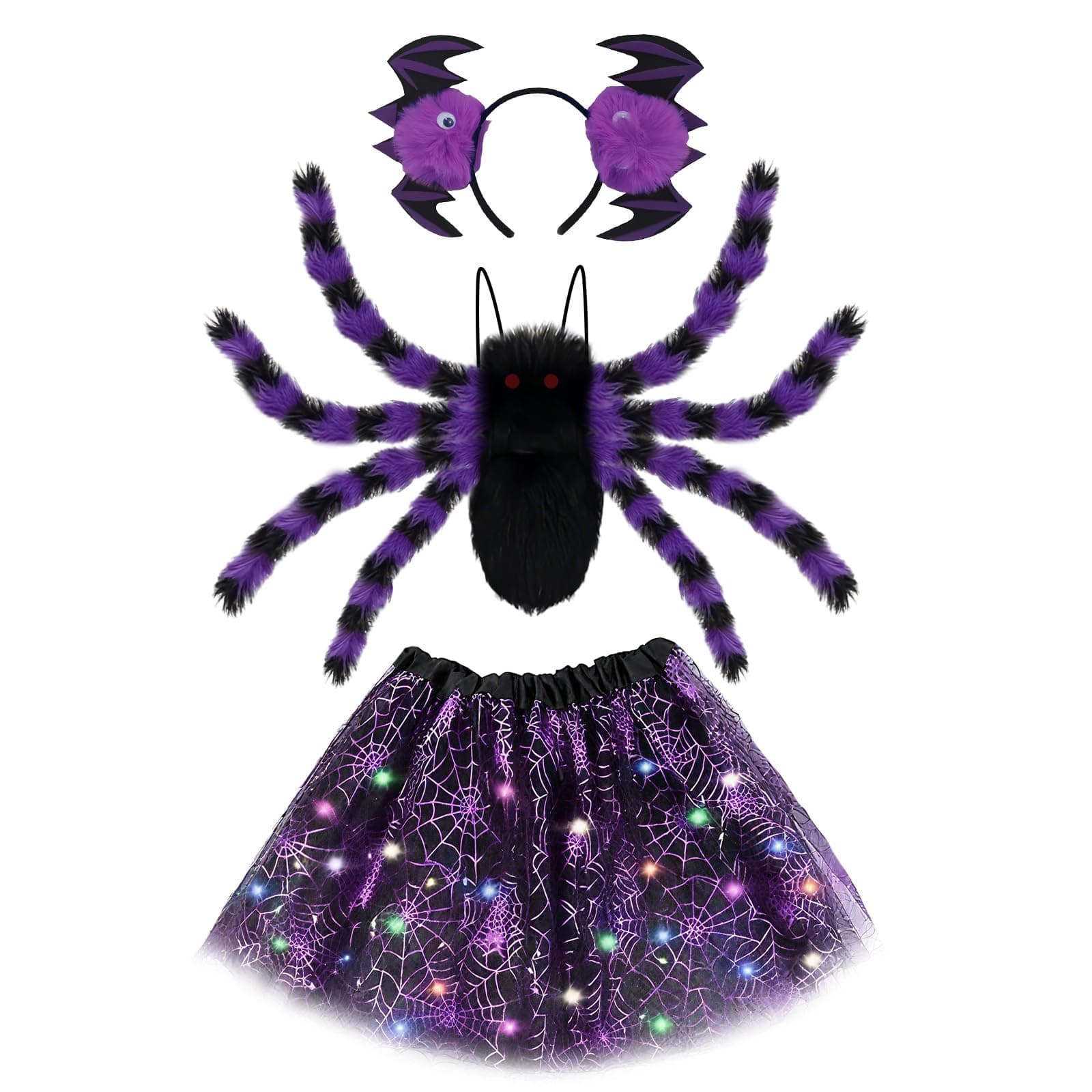 23GUANYI Spinnenkostüm für Kinder, Halloween Kostüm Mädchen mit Spinnenrucksack Fledermaus Haarreifen und Tüllrock mit LED-Lichterkette für Mädchen 3-12 Jahr Halloween Verkleidung Rollenspiele Party Violett
