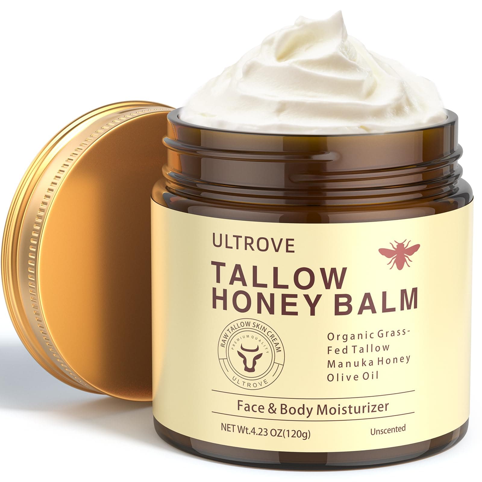 ULTROVE Beef Tallow Creme - Bio Rindertalg und Wildhonig Balm für Gesicht und Körper Skincare, Natürlicher Feuchtigkeitscreme für trockene und empfindliche Haut, 120g