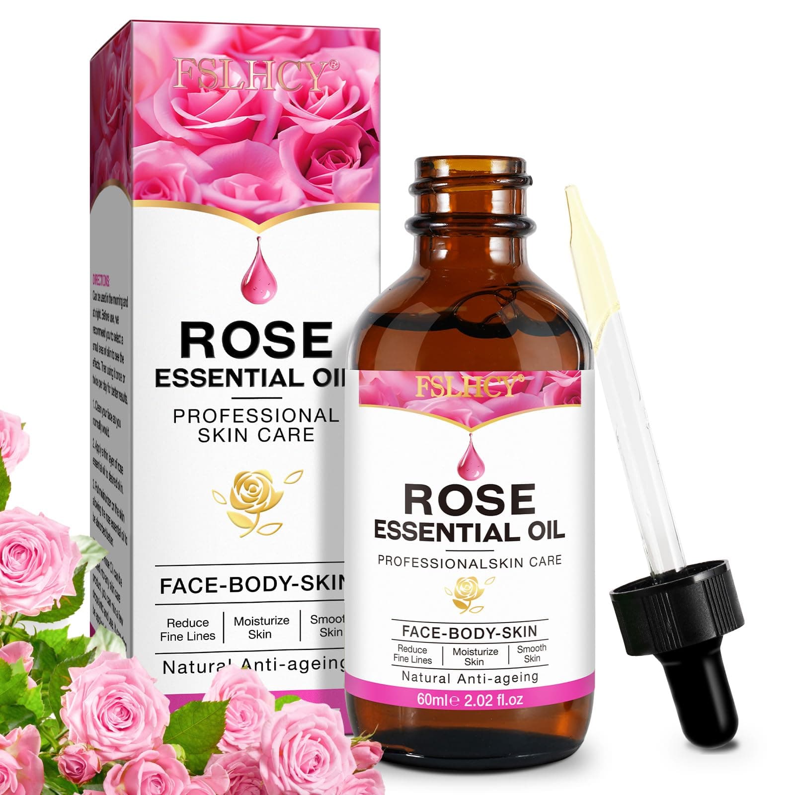 Rosenöl Gesicht 60ML Rose Oil mit Vitamin C Serum Anti-Aging-Falten Gegen dunkle Flecken und müde Haut Feuchtigkeitspflege für Gesicht, Körper, Haut