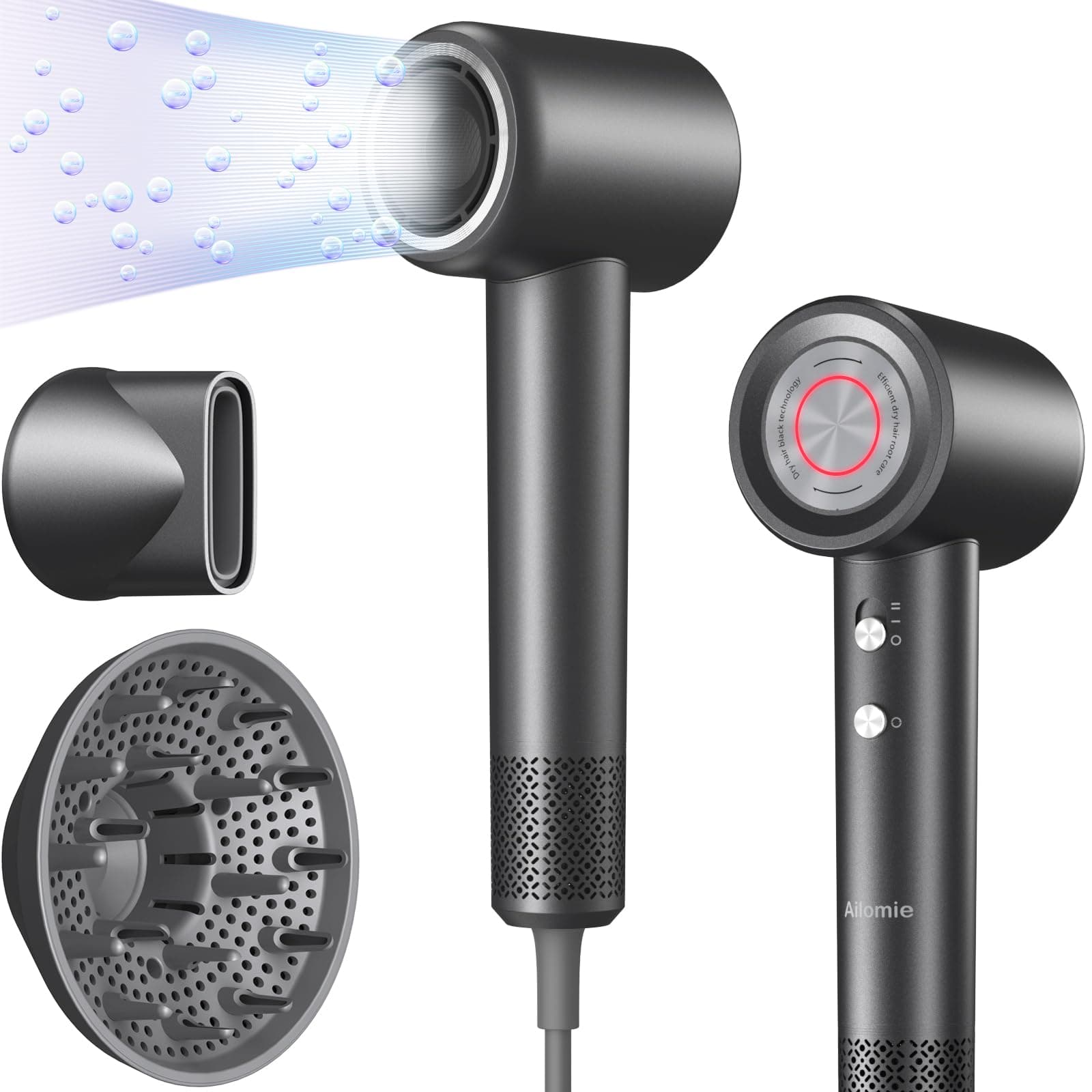 Ailomie Haartrockner, 200 Mio. Ionen föhn mit Diffusor, 110,000 U/min Bürstenloser Motor, 1600W, 59dB, Fön Klein für Reise, 2 Jahre Garantie