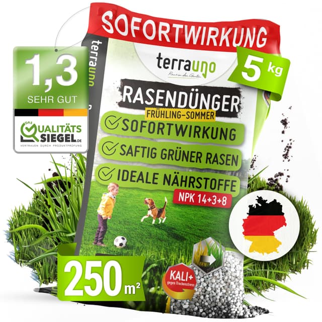 TerraUno Rasendünger Frühjahr/Sommer I Sofortwirkung für saftiges grün I 5 kg für 250 m² I gesunder Rasen verdrängt Moos und Unkraut I NPK Dünger Rasen I Gegen Trockenstress I Für den Streuwagen 5kg für 250m²