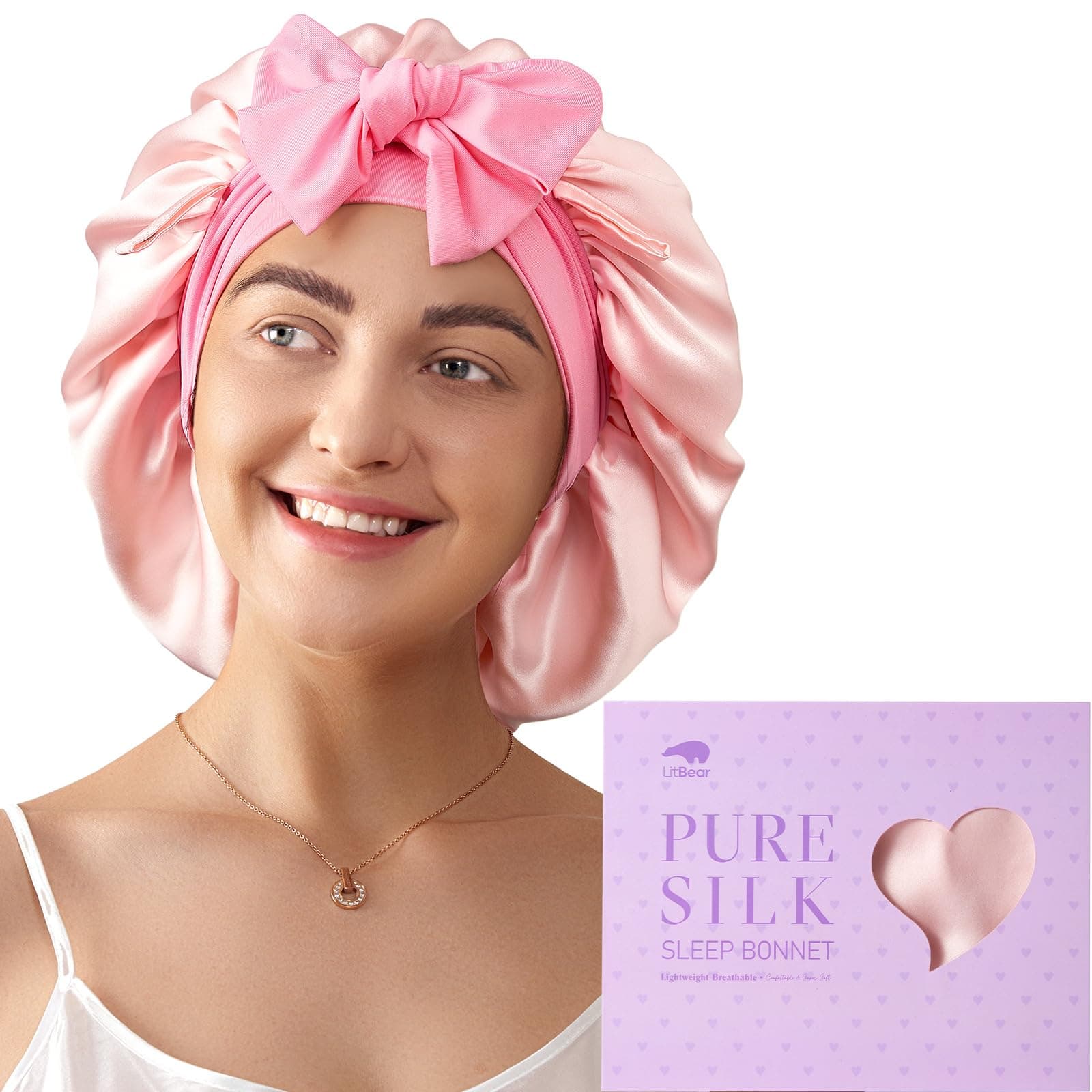 LitBear 100% Maulbeerseide Schlafhaube für Frauen, 6A 22 Momme, Große Doppellagige Seidenhaube mit elastischem Band zum Binden, rutschfeste Seidenturban (Rosa und Hellrosa)