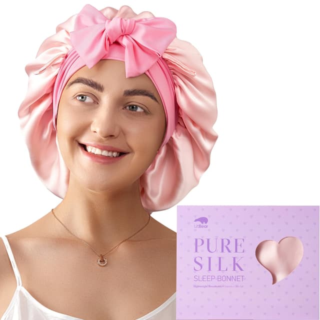 LitBear 100% Maulbeerseide Schlafhaube für Frauen, 6A 22 Momme, Große Doppellagige Seidenhaube mit elastischem Band zum Binden, rutschfeste Seidenturban (Rosa und Hellrosa)