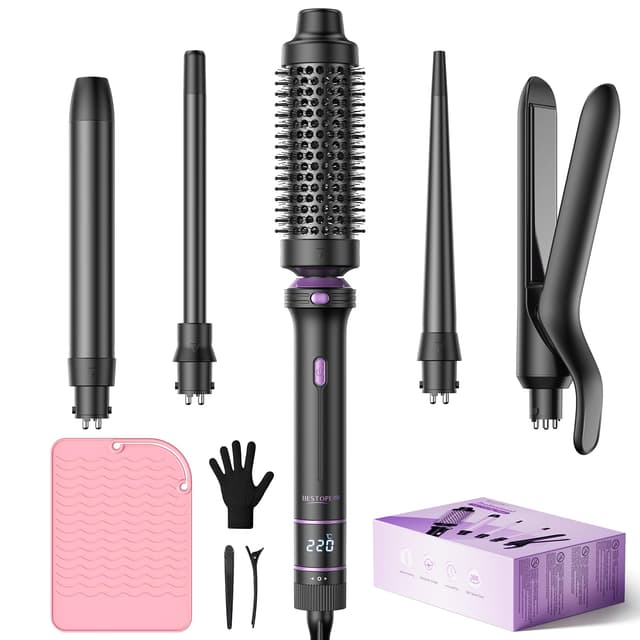 BESTOPE PRO Lockenstab, 5 in 1 Lockenstäbe Set mit Glätteisen, Thermobürste, 3 Keramische Lockeneisen (9mm- 25mm) für Große Locken, 13 Temperaturen, Hair Curler mit Hitzebest.Matte, Handschuh, Schwarz Basalt Schwarz