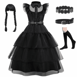 bluaqua Wednesday Kostüm wednesday kleid mädchen Wendsday Kostüm Kinder Mit Perücke, Tasche, Socken Für Mädchen Von 4–13 Jahren Black+perücke 140 Angebot bei HelloDeals