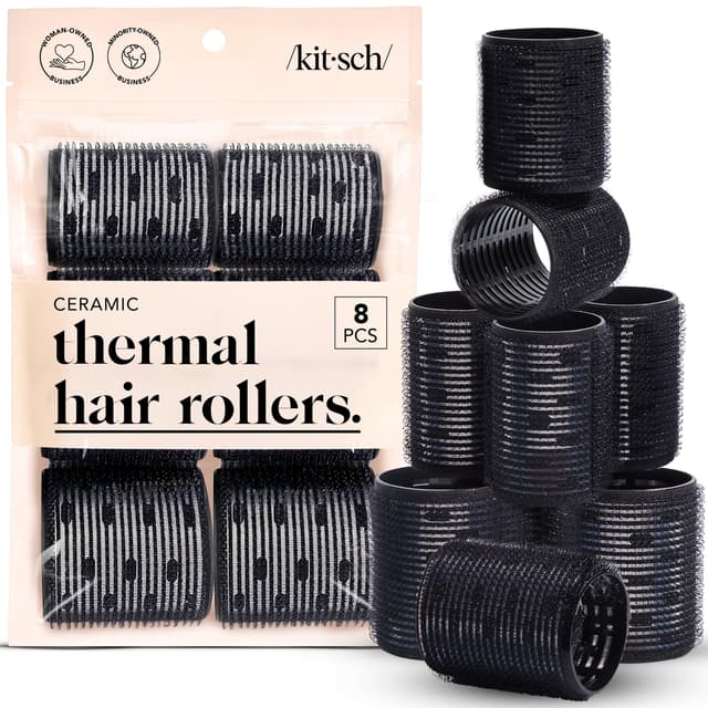 Kitsch Keramische Thermo-Haarklemmer für kurze Haare - Verschiedene Klett-Haar-Roller, Haar-Roller für lange Haare, Selbsthaftende Haar-Roller für einen Blowout-Look für lange Haare - 8 Stück Schwarz