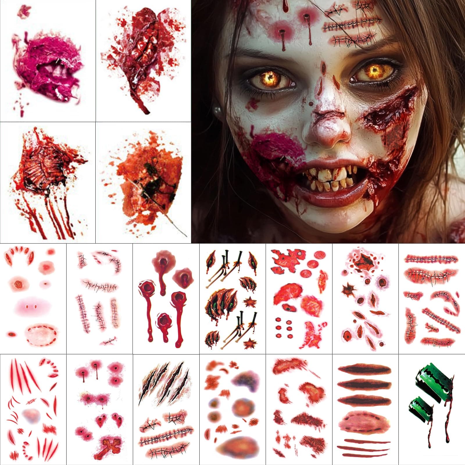 Narben Wunden Tattoo, Realistisch Wunden Tattoo Halloween Karneval Schminke, Zombie Kostüm Kinder Damen, Kunstblut Halloween Karneval Tattoo Gesicht, Körper Make-up Requisiten - 18 Blatt