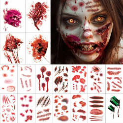 Narben Wunden Tattoo, Realistisch Wunden Tattoo Halloween Karneval Schminke, Zombie Kostüm Kinder Damen, Kunstblut Halloween Karneval Tattoo Gesicht, Körper Make-up Requisiten - 18 Blatt Angebot bei HelloDeals