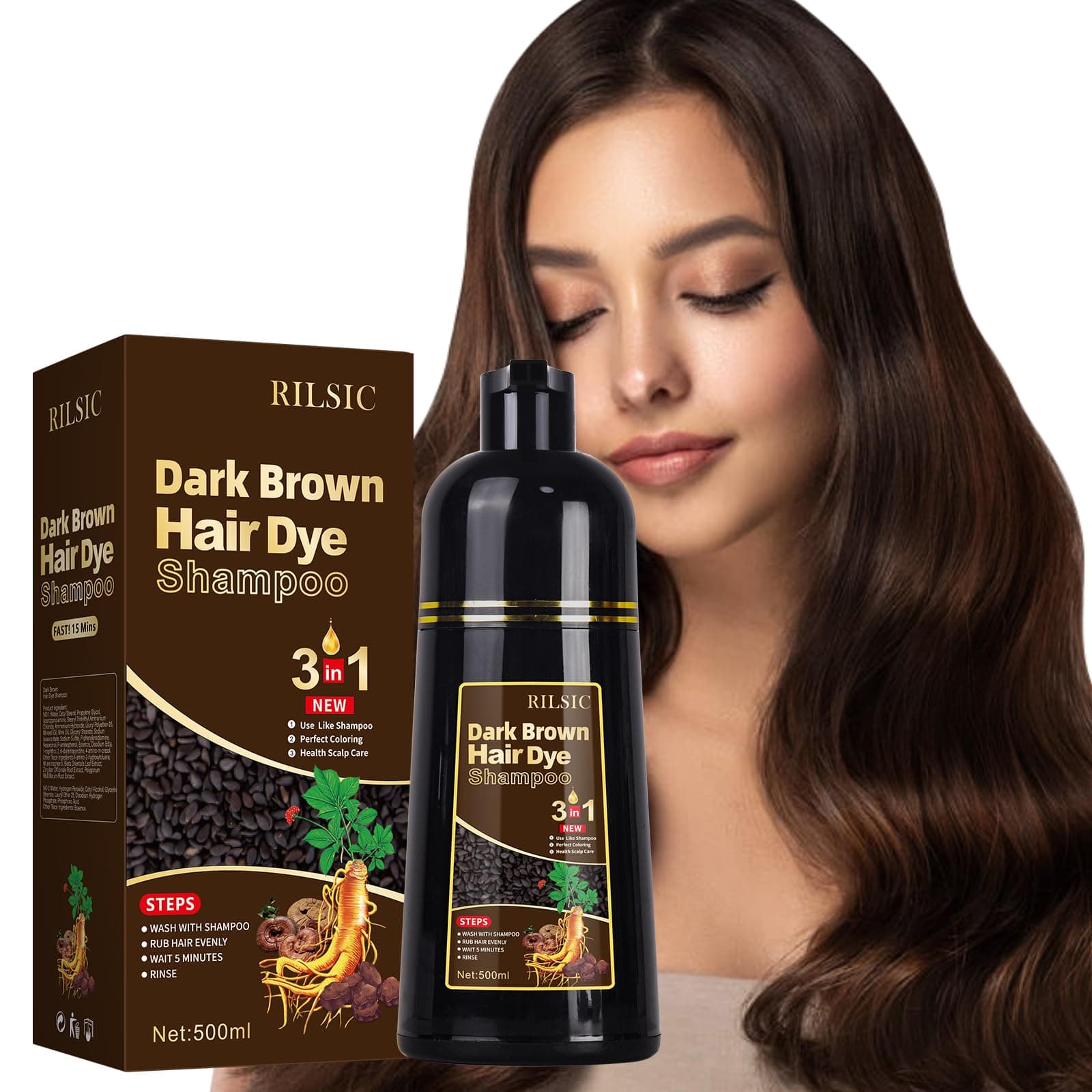 Haarfarbe Dunkelbraun, Haarfärbeshampoo für Graues Haar, Hair Dye Shampoo 3-in-1 Haarfarbe, Dunkelbraun Haarfärbeshampoo, Sofort-Haarfarben-Shampo für Männer Frauen