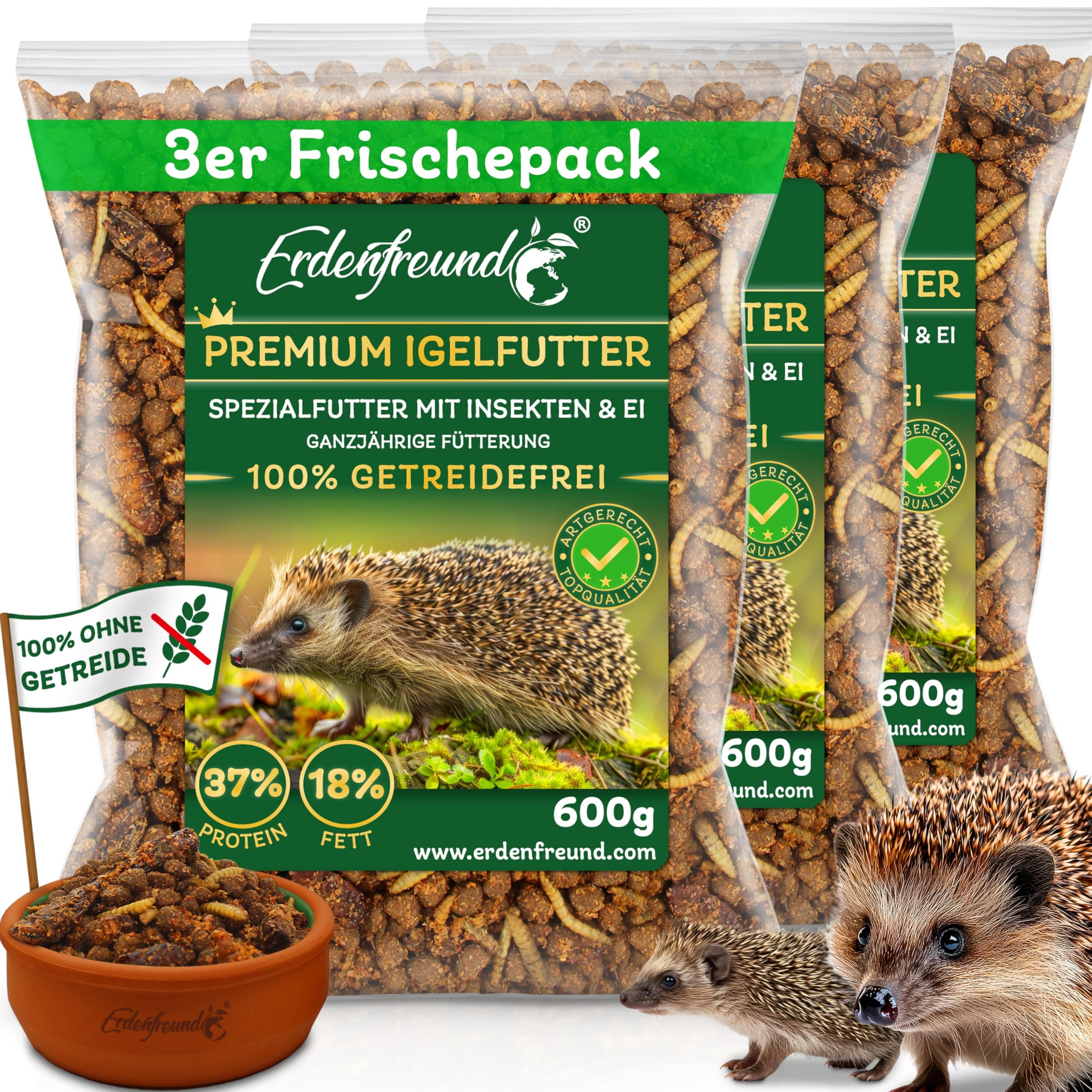 ERDENFREUND® Premium Igelfutter 100% getreidefrei 3x600g Ganzjahres-Alleinfutter für Igel vollwertig verdaulich Igelfutter mit Insekten nährstoffreich (3x600g Frischepacks = 1800g Premium Igelfutter) 1.8 kg (1er Pack)