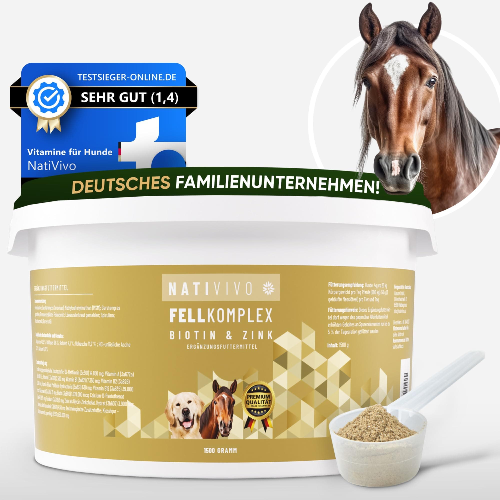 NatiVivo Biotin + Zink für Hunde Pferde Haut & Fell Premium Fellpflege-Komplex für glänzendes Fell & Vitale Hautfunktion 1500 Gramm hochdosiert Unterstützt Haut & Fell Made in Germany