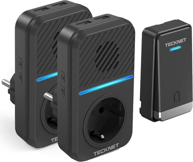 TECKNET Funkklingel Batterielose, Steckdosen Kabellose Türklingel, IP65 Wasserdicht Drahtloses Funk Türklingel mit 2 EU-Steckdose und USB, 400m, 60 Laute Melodien, 5 Lautstärke Stufen, LED-Blinken Schwarz