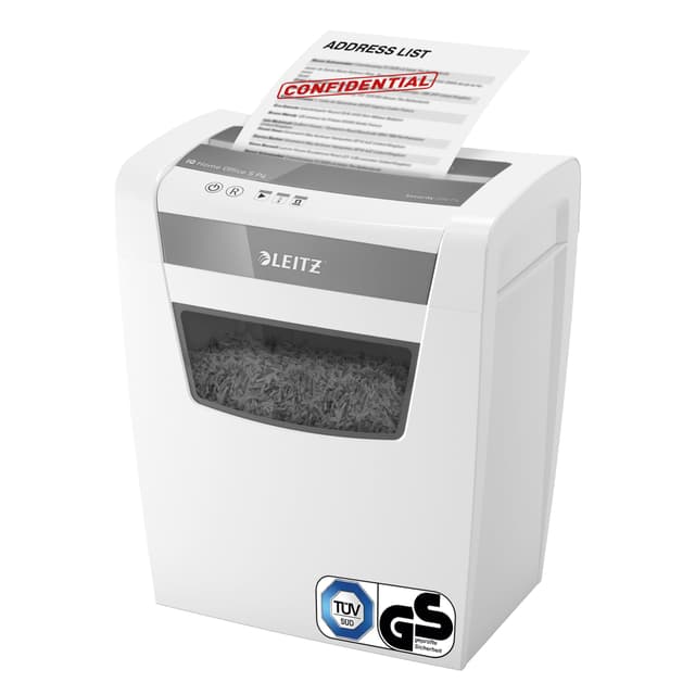 Leitz IQ Aktenvernichter Home Office S, 9-8 Blatt (70-80 g/m²), TÜV+GS zertifiziert, Partikelschnitt, Sicherheitsstufe P4, 15L Behälter, Sehr leise, & kompakt, Schredder für Büro, Weiß, 80360000