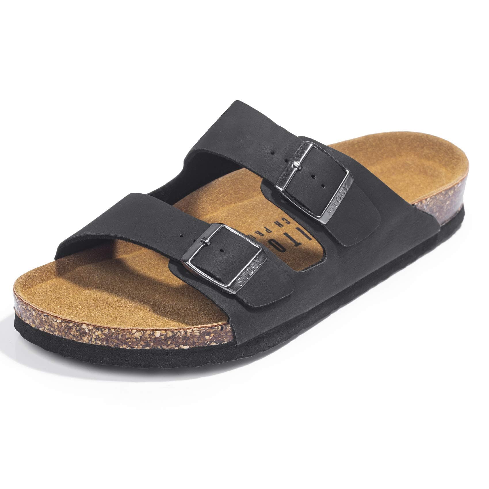 FITORY Herren-Sandalen mit Fußgewölbeunterstützung, Pantoletten mit verstellbaren Schnallenriemen und Kork-Fußbett für den Sommer, Größe 40–47 46 EU Mattschwarz