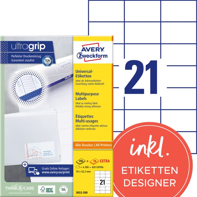 AVERY Zweckform 3652-200 Adressaufkleber (4.200 plus 420 Klebeetiketten extra, 70x42,3mm auf A4, bedruckbare Absenderetiketten, selbstklebende Adressetiketten mit ultragrip) 220 Blatt, weiß