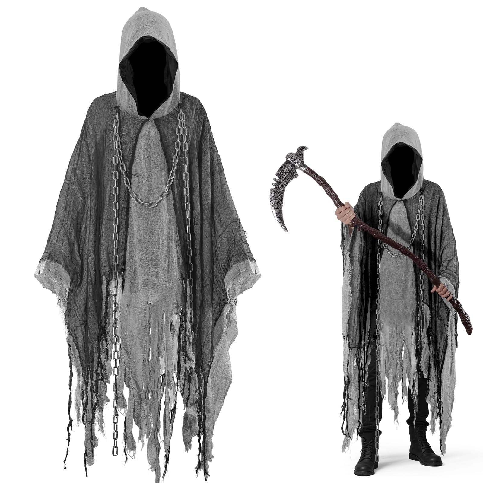 Superum Geister Kostüm Erwachsene,Gruselige Geist Umhang mit Sensenmann Taillenkette Design,Halloween Kostüm Herren Damen Sensenmann Umhang mit Kapuze Gespenstischer Outfit,Kostüme für Kinder Kostüme Grau Einheitsgröße