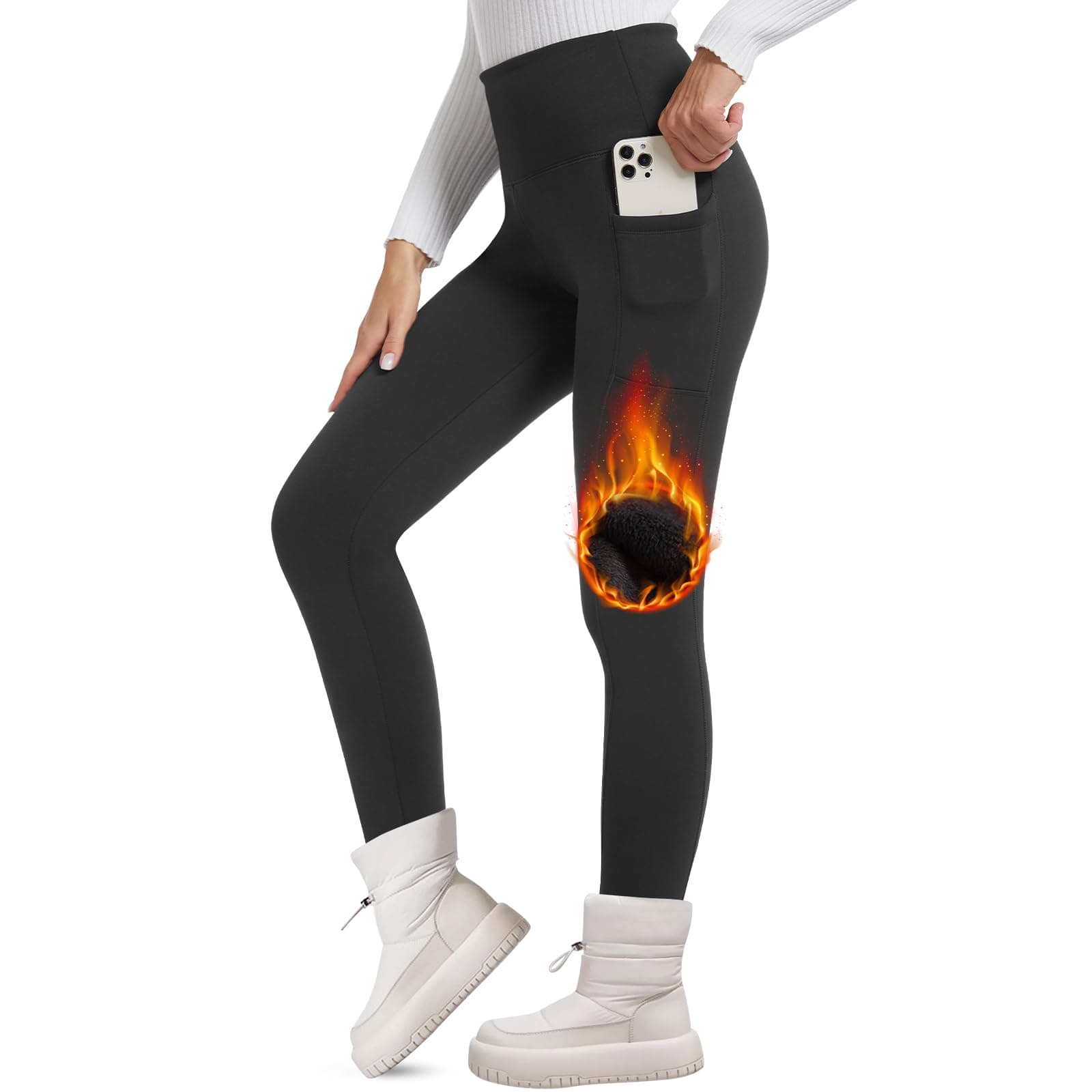 FOTOCITI Thermo Leggings Damen Winter Mit Tasche Thermoleggins Gefütterte Fleece Warme Thermounterwäsche High Waist Lange Sportleggins Yogahose Hose L-XL A-schwarz