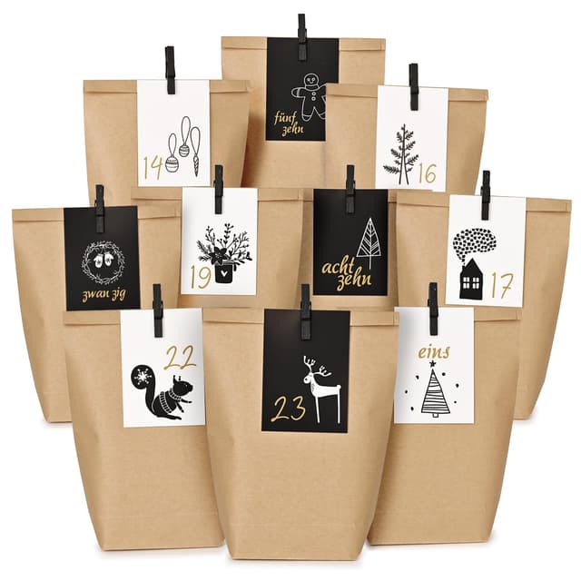 Adventskalender tüten zum Befüllen - 24 bedruckte Geschenktüten mit Visitenkarten - Papier Adventstüten - Weihnachtskalender zum Selber Befüllen für Kinder Junge und Männer, Wiederverwendbar