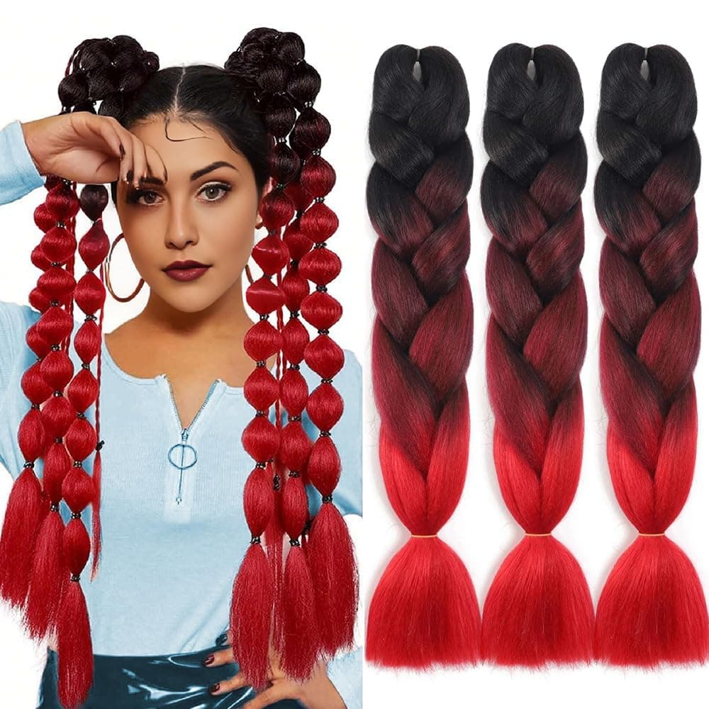 Jooceebaby Kunsthaar Zum Einflechten Easy Braid Vorgedehnte Braids Extensions Schwarz Rot HaarverläNgerungen 24 Zoll 3packs Haar Zum Einflechten Braids ZopfverläNgerungen (Black/Red) Schwarz Rot 24Zoll-60.9cm(3 Packs)