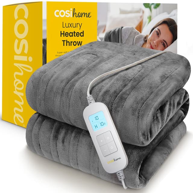 Cosi Home Heizdecke 180x130 cm - Elektrische Wärmedecke mit Abschaltautomatik, Überhitzungsschutz, Waschbar, Kuscheliges Fleece, 10 Heizstufen mit digitaler Fernbedienung, 10 Stunden Timer - Grau 180 x 130 Grau