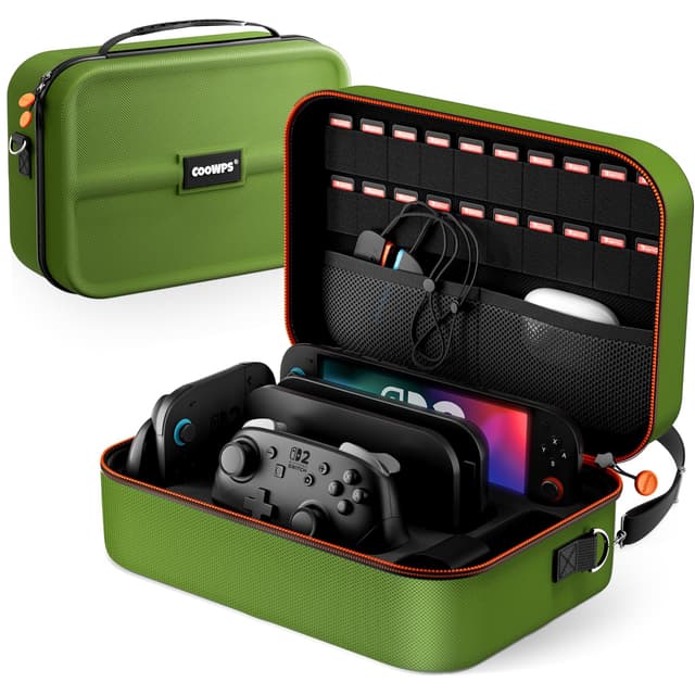 Switch 2 Tasche für Nintendo Switch 2 (2025), Tragbare Hartschalen Schutzhülle mit 20 Spielkarten Slots, Große Staubdichte Aufbewahrungstasche für Switch 2 Zubehör, Grün
