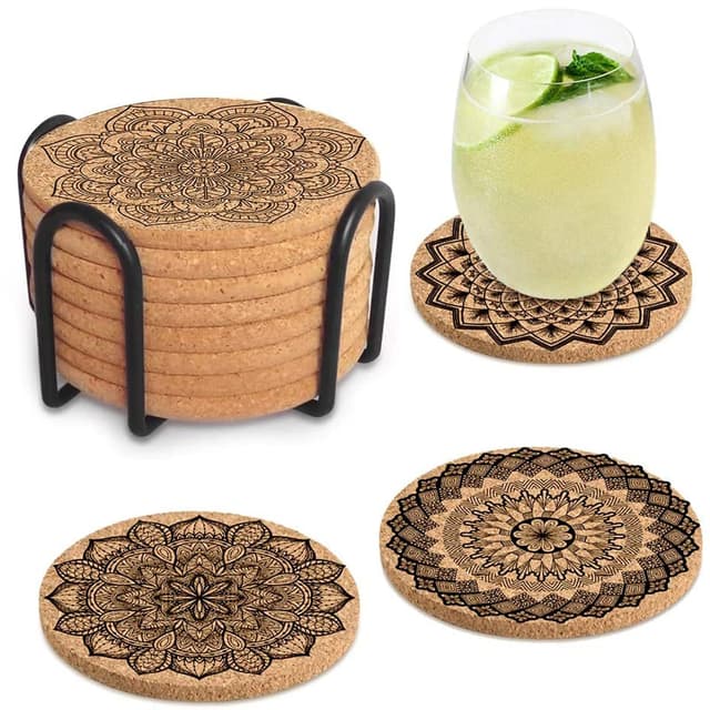 Untersetzer Kork, 8 Stück Korkuntersetzer Holz Wiederverwendbare Rund Untersetzer, Wiederverwendbare Saugfähigen Tasse Coaster Mat Glas Untersetzer-Set für Zuhause Restaurant Büro und Bar Untersetzer aus Kork