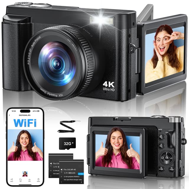 4K 64MP Digitalkamera mit WLAN,180° Flip Screen Autofokus Vlogging Fotoapparat mit Selfie,16X Digitalzoom, 7,6cm LCD-Monitor, WiFi Kompaktkamera mit 32GB Karte 2 Batterien für Anfänger Schwarz