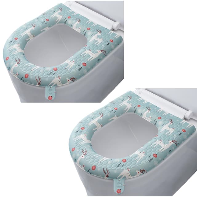2 x WC-Sitzbezug, Toilettensitzwärmer, länglicher Toilettensitzbezug, gepolstertes Toilettensitzkissen, O-förmig, waschbar oder tragbar, WC-Deckel-Tankabdeckung Reh / Hirsch