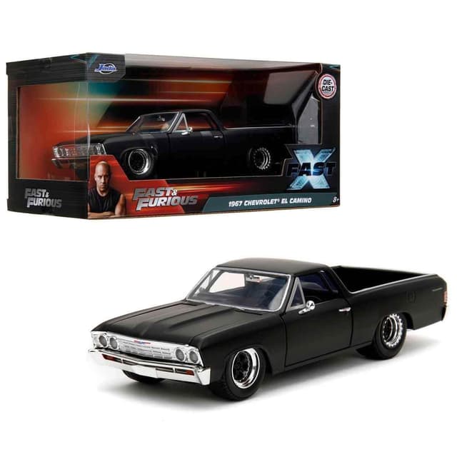 Jada Toys Fast and Furious Auto EL Camino (1:24, schwarz) - Chevrolet EL Camino 1967 aus dem Film Fast & Furious 10, Die Cast Auto ab 8 Jahre mit Teilen zum Öffnen, 19cm