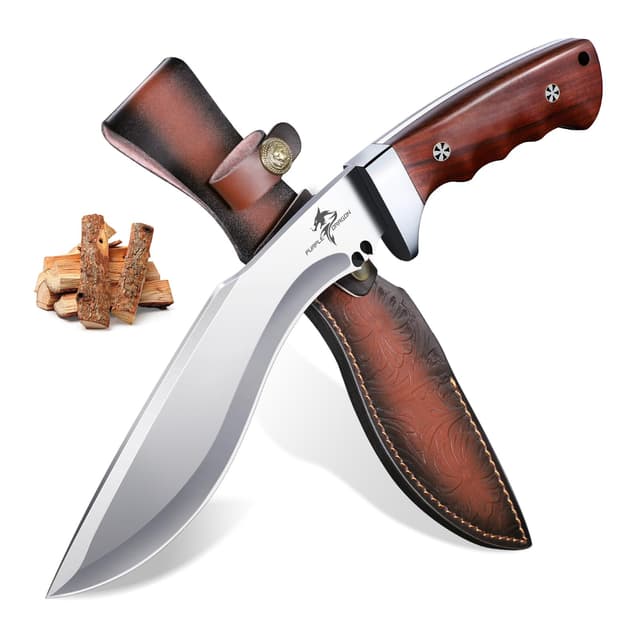 Purple Dragon Outdoor Messer Survival, Jagdmesser Feststehende Klinge mit Lederscheide, Scharfe Bushcraft Camping Messer mit Holzgriff, Full Tang Überlebensmesser Großes Machete, Geschenke für Männer