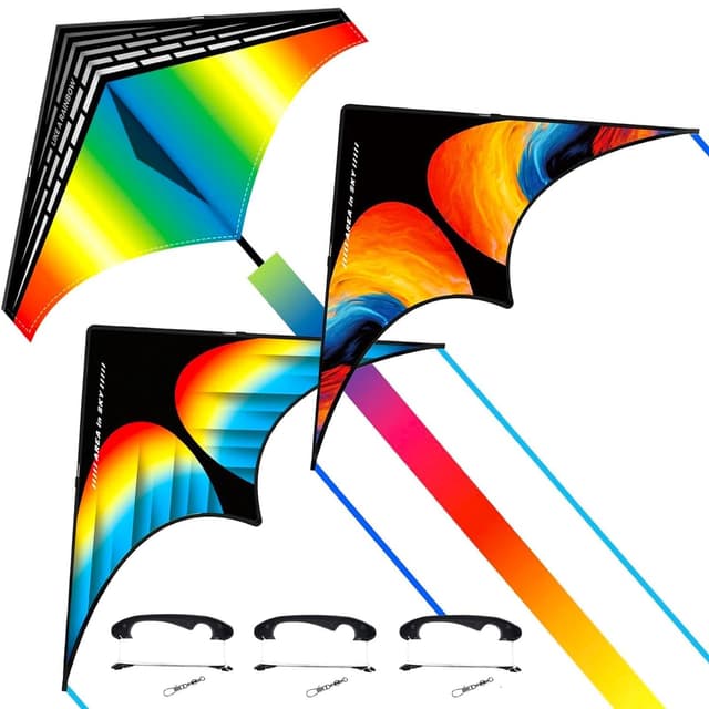 Flying Hoofer Strand Delta Drachen Flugdrachen,Extrem einfach zu fliegen Drachen für Erwachsene und Kinder im Alter von 4-8 & 8-12, Große Einzeln Linie Flugdrachen mit 300ft Drachenseilwinde 3 Mehrfarbig (3 Packungen)
