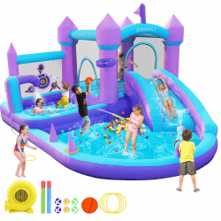 GYMMALL Aufblasbare Hüpfburg für Kinder von 3-8 Jahren, Lila Traumhaus mit Wasserrutsche und 480W Gebläse, Große Hüpfburg mit Sprungfläche, Bällebad, Pool, Ringwurf und Basketballkörben