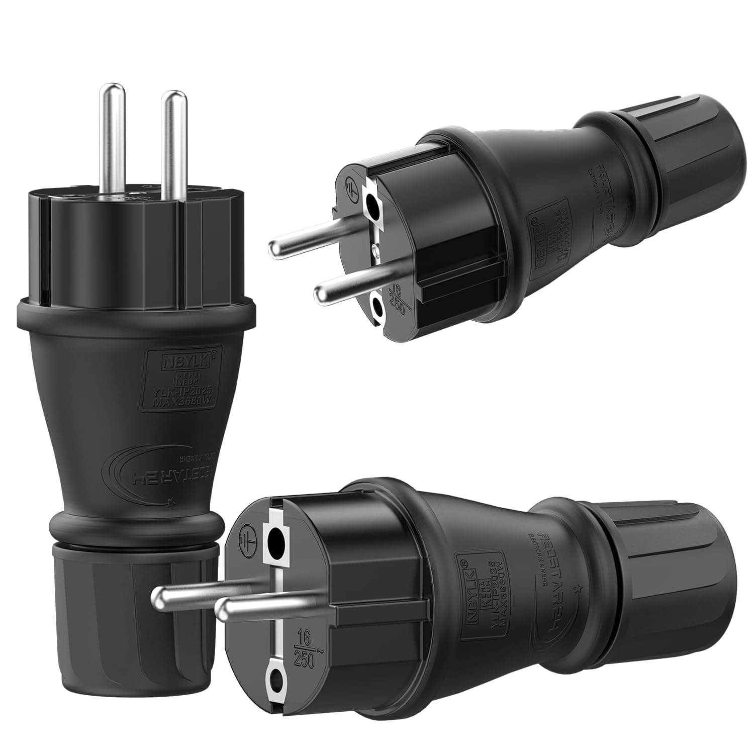 Schuko Stecker 230V IP54 - 3er Set Robuster Schutzkontaktstecker aus Gummi & Kunststoff, Schwarz | Hermetisch Versiegeltes Design | Perfekt für den Außenbereich | 3-Poliger Stromstecker