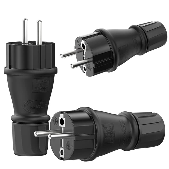 Schuko Stecker 230V IP54 - 3er Set Robuster Schutzkontaktstecker aus Gummi & Kunststoff, Schwarz | Hermetisch Versiegeltes Design | Perfekt für den Außenbereich | 3-Poliger Stromstecker