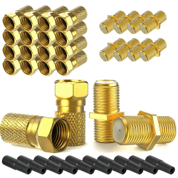 F-Stecker 7mm 20x + F-Verbinder 10x vergoldet 10x Gummitülle | Gummidichtung breite Mutter schraubbar | Verlängerung für Koaxial Antennenkabel Koax SAT Kabel | BK Anlagen | Satelliten LNB Montage SET 20x F-Stecker Set