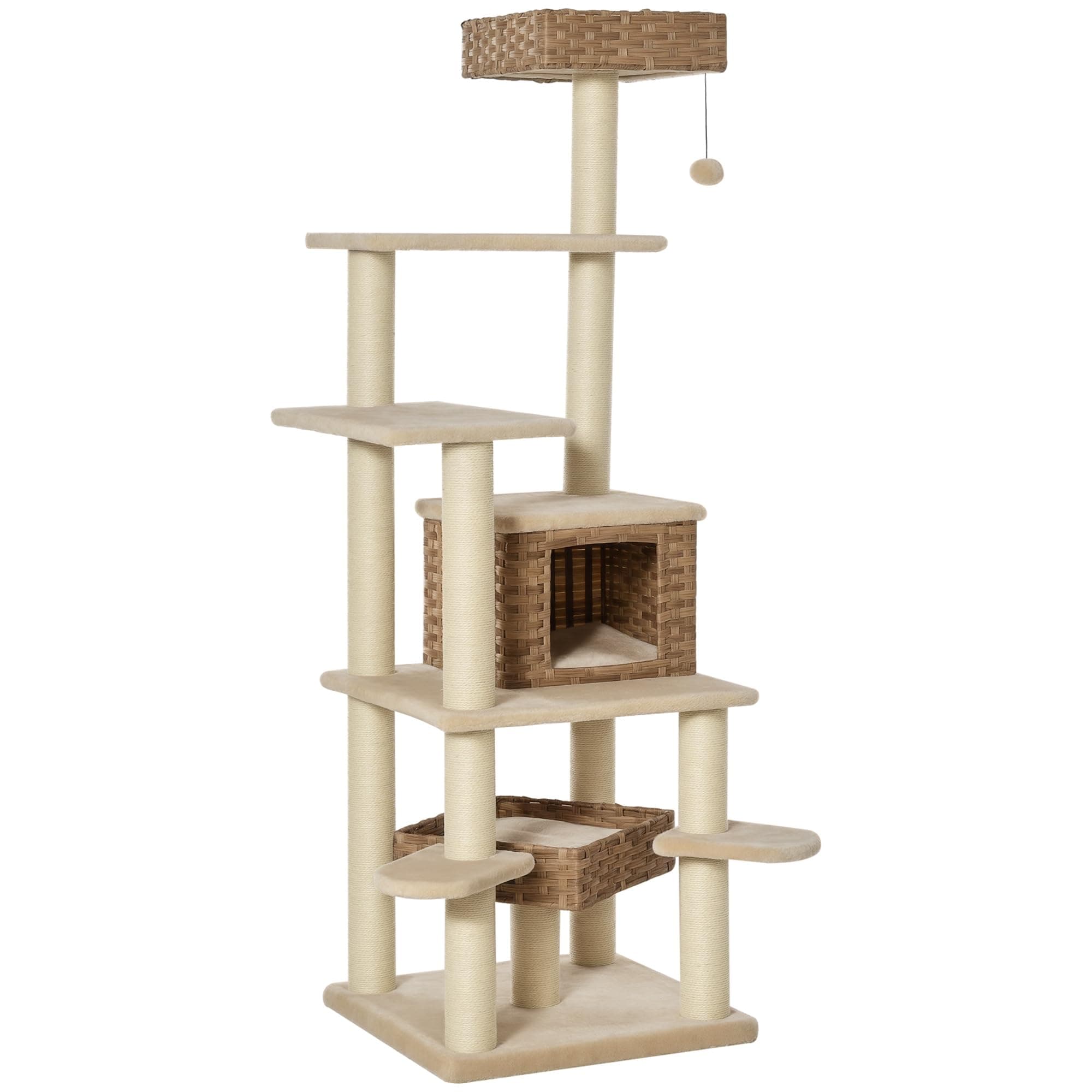 PawHut Rattan Kratzbaum mit Katzenhöhle Mehrstufiger Katzenbaum Kletterbaum für Katzen E1 MDF Sisal Beige+Braun 55 x 55 x 174 cm Beige+Braun 55L x 55B x 174H cm