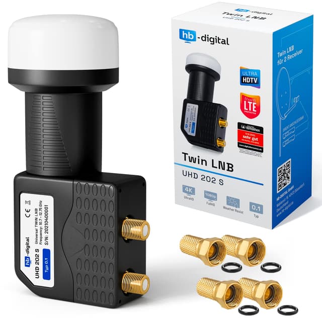 hb-digital Twin LNB - Test SEHR GUT* - für 2 Teilnehmer LTE Filter 2-Fach Full HD 4K 0.1dB mit Wetterschutz + 4X F-Stecker für TV Fernseher SAT Receiver Satellitenschüssel - Schwarz