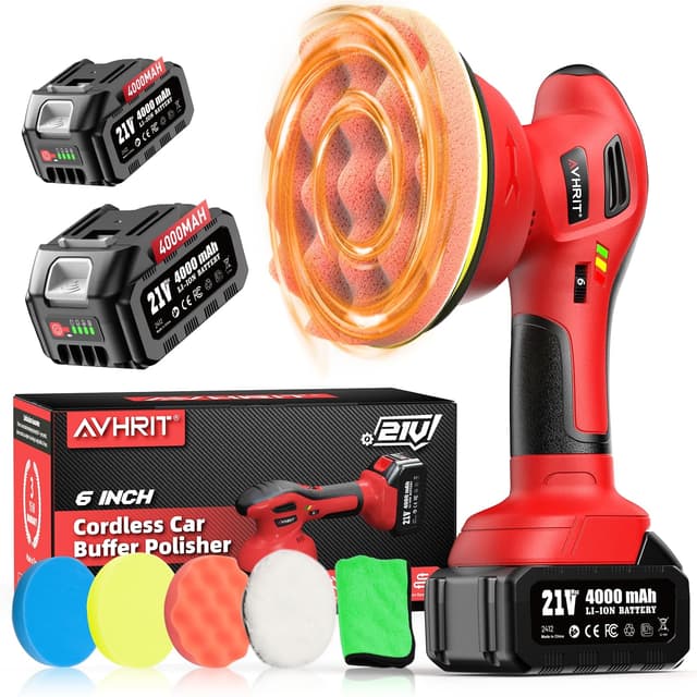 2025 Poliermaschine Auto Akku, 2x4000mAh Batterie (Bis zu 6000 U/min) Poliermaschine Auto, 6'' Autopolierer, 8 mm Exzenter-Poliermaschine für Auto-und Bootspflege, Polieren Wachsen Auto Detaillierung Rot 4000mah