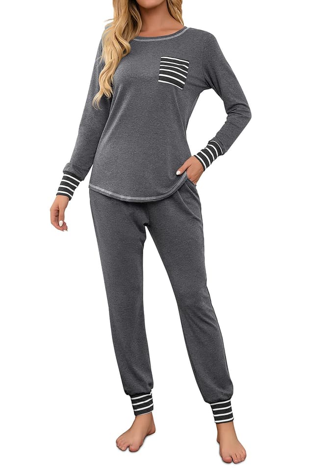 Fuakesor Damen Schlafanzug Lang Pyjama Set Herbst Winter Nachtwäsche Zweiteiliger Sleepwear Soft Loungewear Hausanzug mit Karierte Hose M Grau