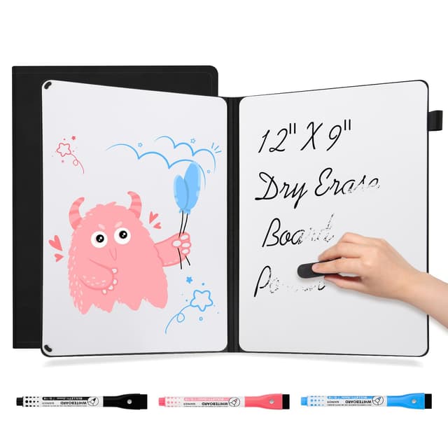 AGM A4 Mini Whiteboard, Kleines Whiteboard, tragbare Schreibtafel mit 3 Farbstiften, Radiergummi und Netztasche für Büro, Arbeitszimmer, Klassenzimmer und Zuhause – Schwarz Schwarz-PU 22B x 30H cm