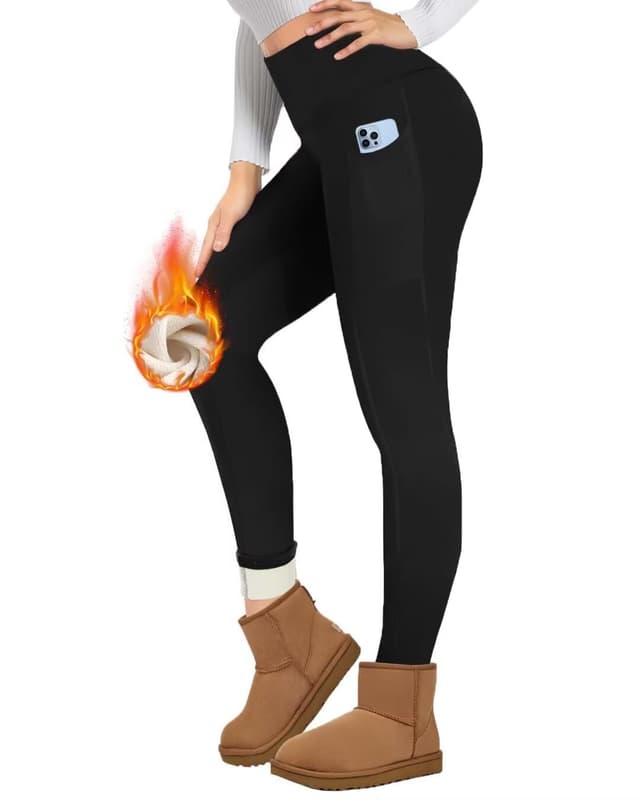 TNNZEET Thermo Leggings Damen mit Taschen Gefüttert Thermoleggings High Waist Thermohose Fleece Warm Blickdicht Leggins im Winter 1er Pack S Schwarz